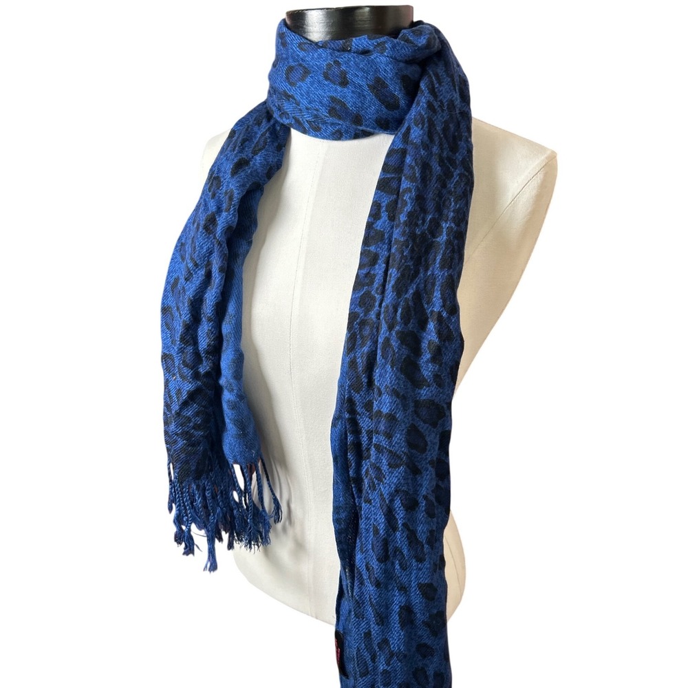 Blue Black Leopard Print Scarf Fringe Trim Wrap Shawl Boho Grunge Y2K Edgy